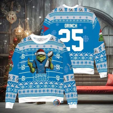 Detroit Lions x Grinch Christmas Dr. Seuss How the Grinch Stole Christmas with Super Bowl Trophy Custom Ugly Christmas Sweater, NFL Chritsmas Sweater Moonbestprint