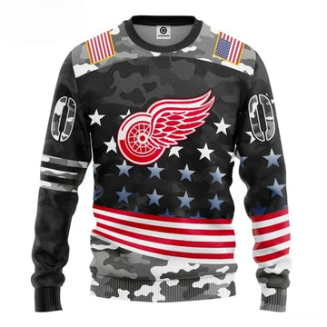 Detroit Red Wings American Flag Custom Number Ugly Christmas Sweater, NHL Christmas Sweater Moonbestprint