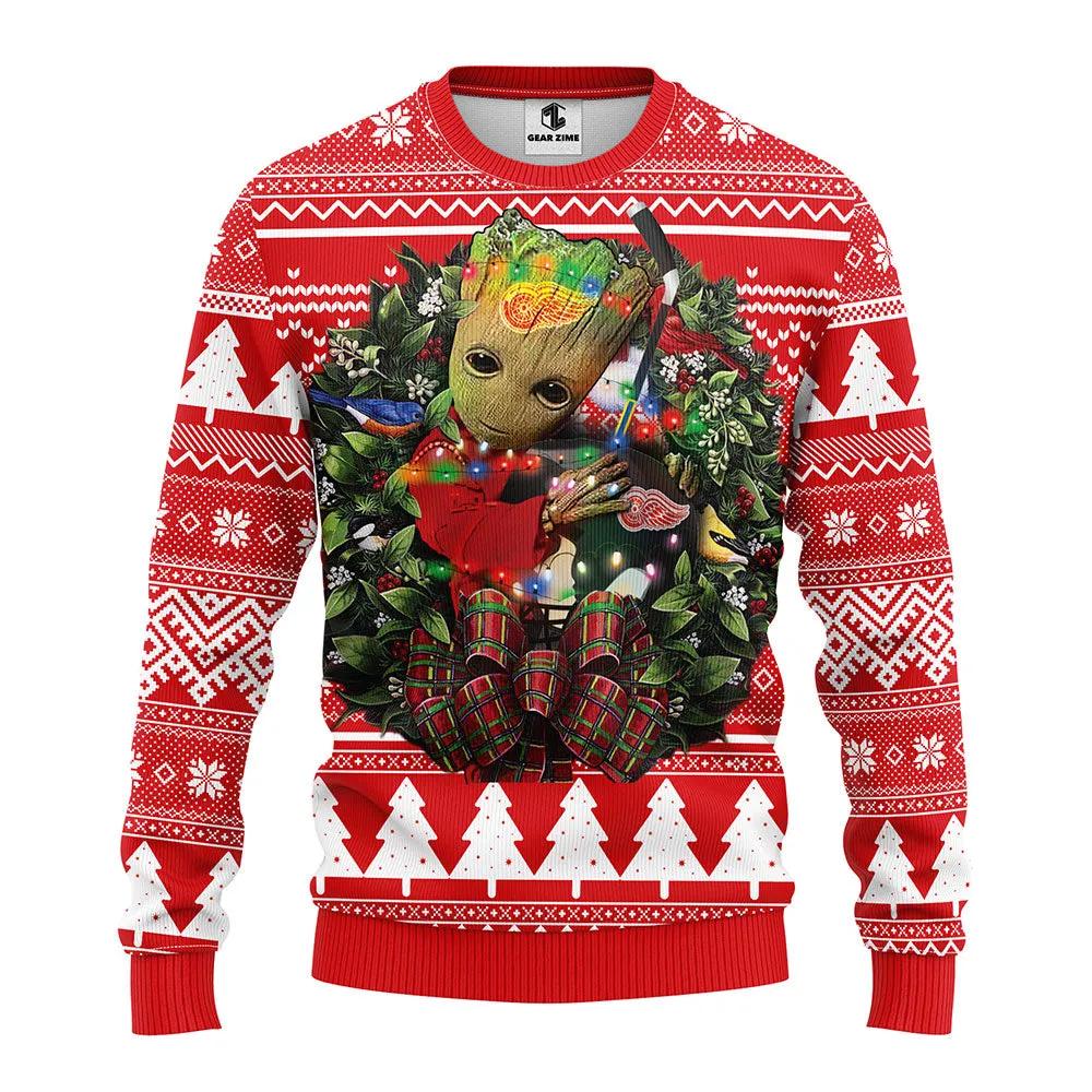 Detroit Red Wings Groot Hug Ugly Christmas Sweater, NHL Christmas Sweater Moonbestprint