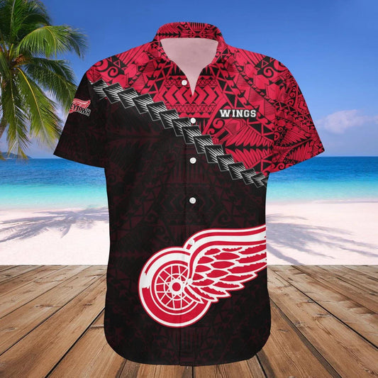 Detroit Red Wings Hawaiian Shirt Grunge Polynesian Tattoo - NHL, NHL Hawaiian Shirt Moonbestprint