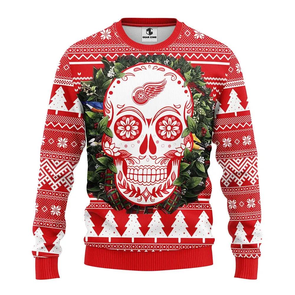 Detroit Red Wings Skull Flower Ugly Christmas Sweater, NHL Christmas Sweater Moonbestprint