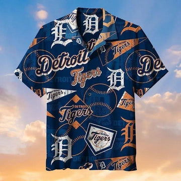 Detroit Tigers MLB Team Logo And Name Pattern 3D Hawaiian Shirt, MLB Hawaiian Shirt Moonbestprint