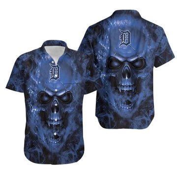 Detroit Tigers MLB Team Logo Blue Flame Skull 3D Hawaiian Shirt, MLB Hawaiian Shirt Moonbestprint