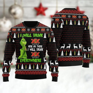 Dos Equis Grinch Will Drink Everywhere Ugly Sweater, Grinch Holiday Sweater Moonbestprint