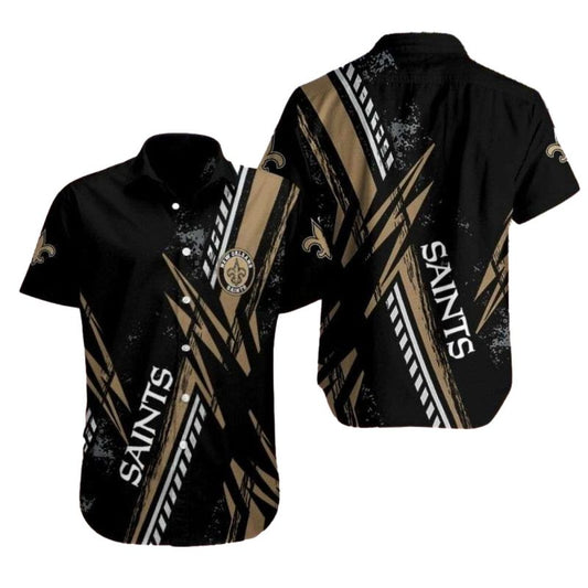 Dramatic Black Field New Orleans Saints Hawaiian Shirt With Gold Stripe Detail - Moonbestprint