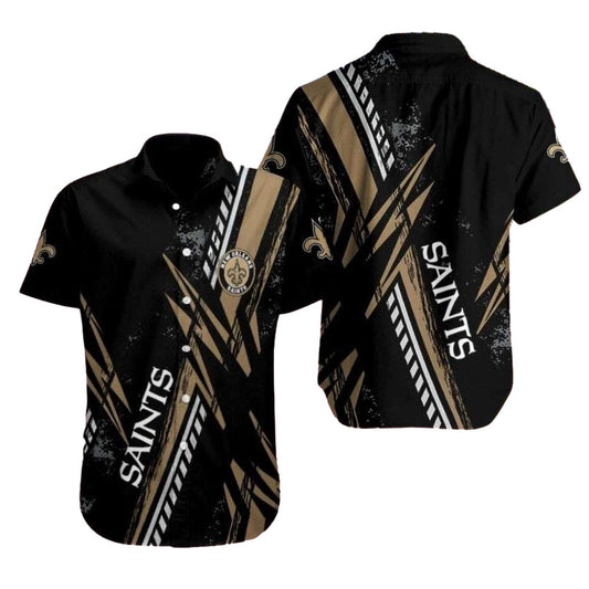 Dramatic Black Field New Orleans Saints Hawaiian Shirt With Gold Stripe Detail - Moonbestprint