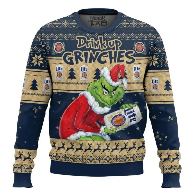 Drink Up Grinches Stolen Miller Lite Ugly Sweater, Grinch Holiday Sweater Moonbestprint
