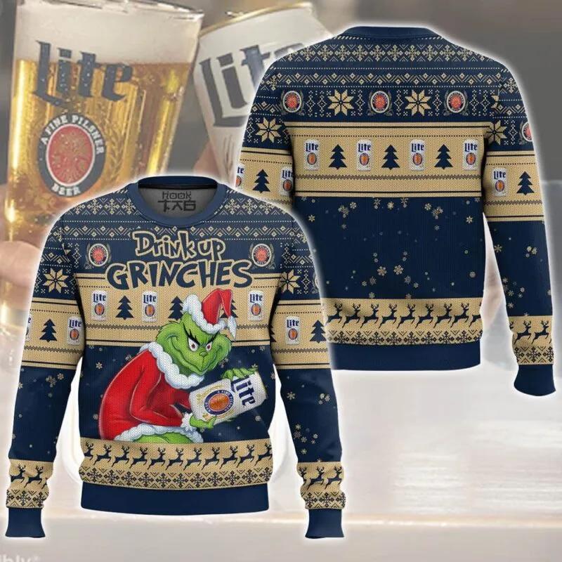 Drink Up Grinches Stolen Miller Lite Ugly Sweater, Grinch Holiday Sweater Moonbestprint