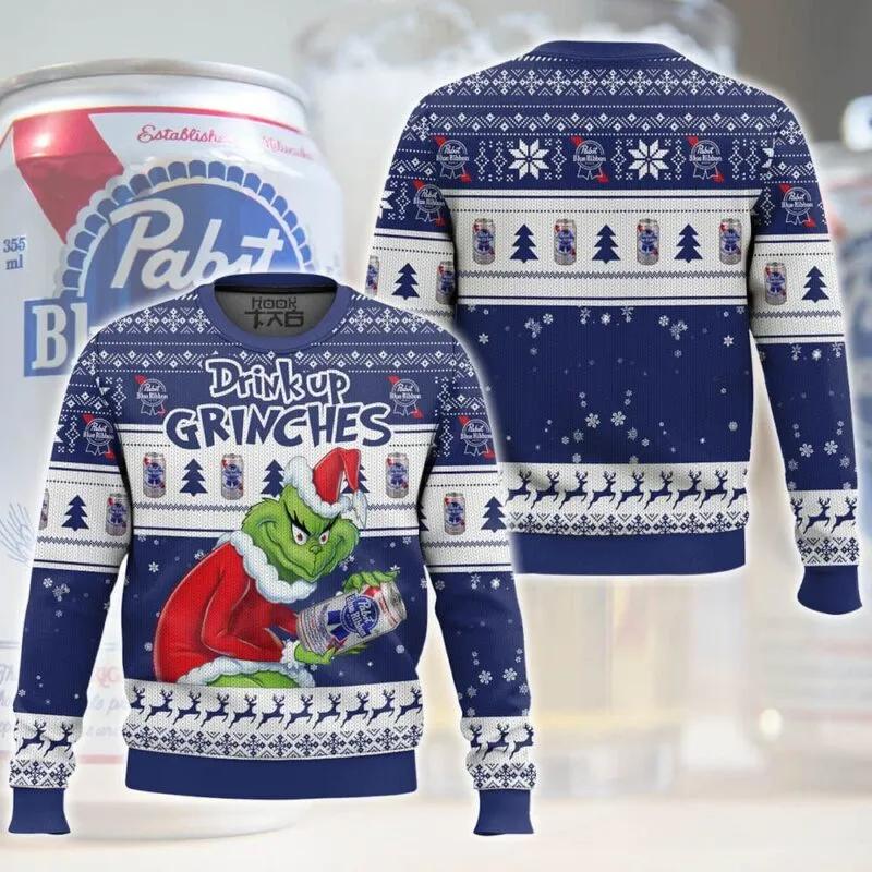 Drink Up Grinches Stolen Pabst Blue Ribbon Ugly Sweater, Grinch Holiday Sweater Moonbestprint