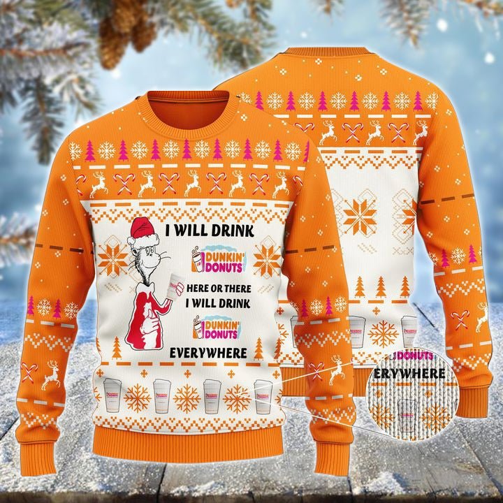 Dunkin Donuts Cat Hat Will Drink Everywhere Ugly Sweater – Moonbestprint