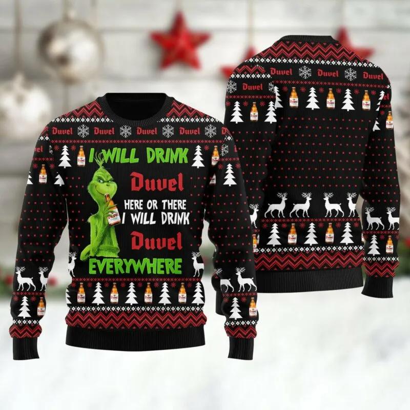 Duvel Grinch Will Drink Everywhere Ugly Sweater, Grinch Holiday Sweater Moonbestprint