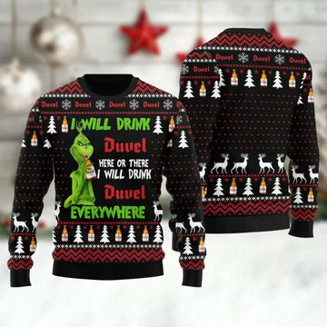 Duvel Grinch Will Drink Everywhere Ugly Sweater, Grinch Holiday Sweater Moonbestprint