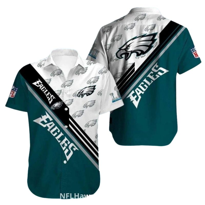 Philadelphia Eagles Multi Logo White And Dark Green Hawaiian Shirt - Moonbestprint