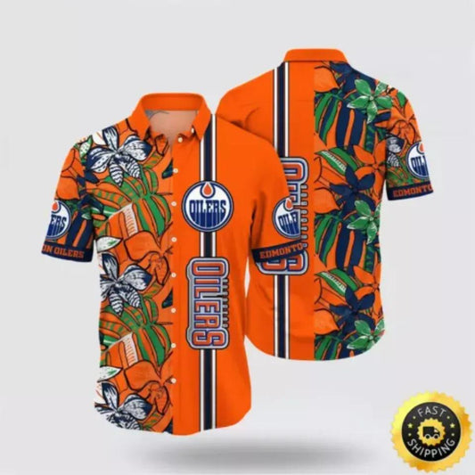 Edmonton Oilers Hawaiian Shirt, Tropical Forest Floral Pattern Summer Aloha Shirt, NHL Hawaiian Shirt Moonbestprint