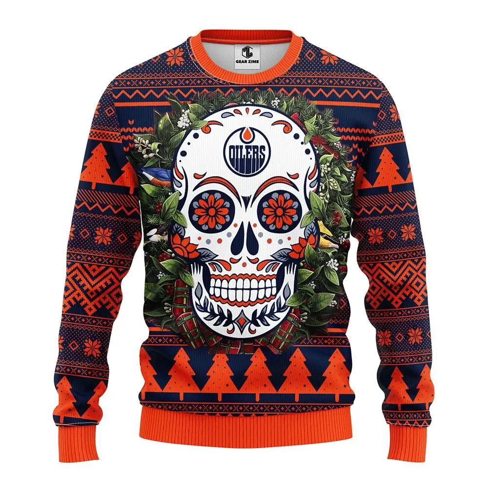 Edmonton Oilers Skull Flower Ugly Christmas Sweater, NHL Christmas Sweater Moonbestprint