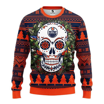 Edmonton Oilers Skull Flower Ugly Christmas Sweater, NHL Christmas Sweater Moonbestprint