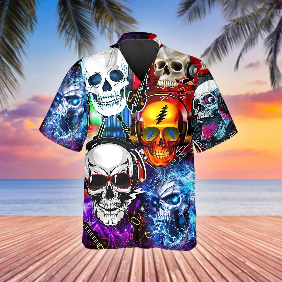 Fancy Skull Rock Music Hawaiian Shirt, Hawaiian Button Up Shirt, Tropical Shirts For Men Moonbestprint