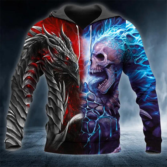 Fantasy Fire Dragon vs Blue Flame Skull 3D Hoodie Moonbestprint