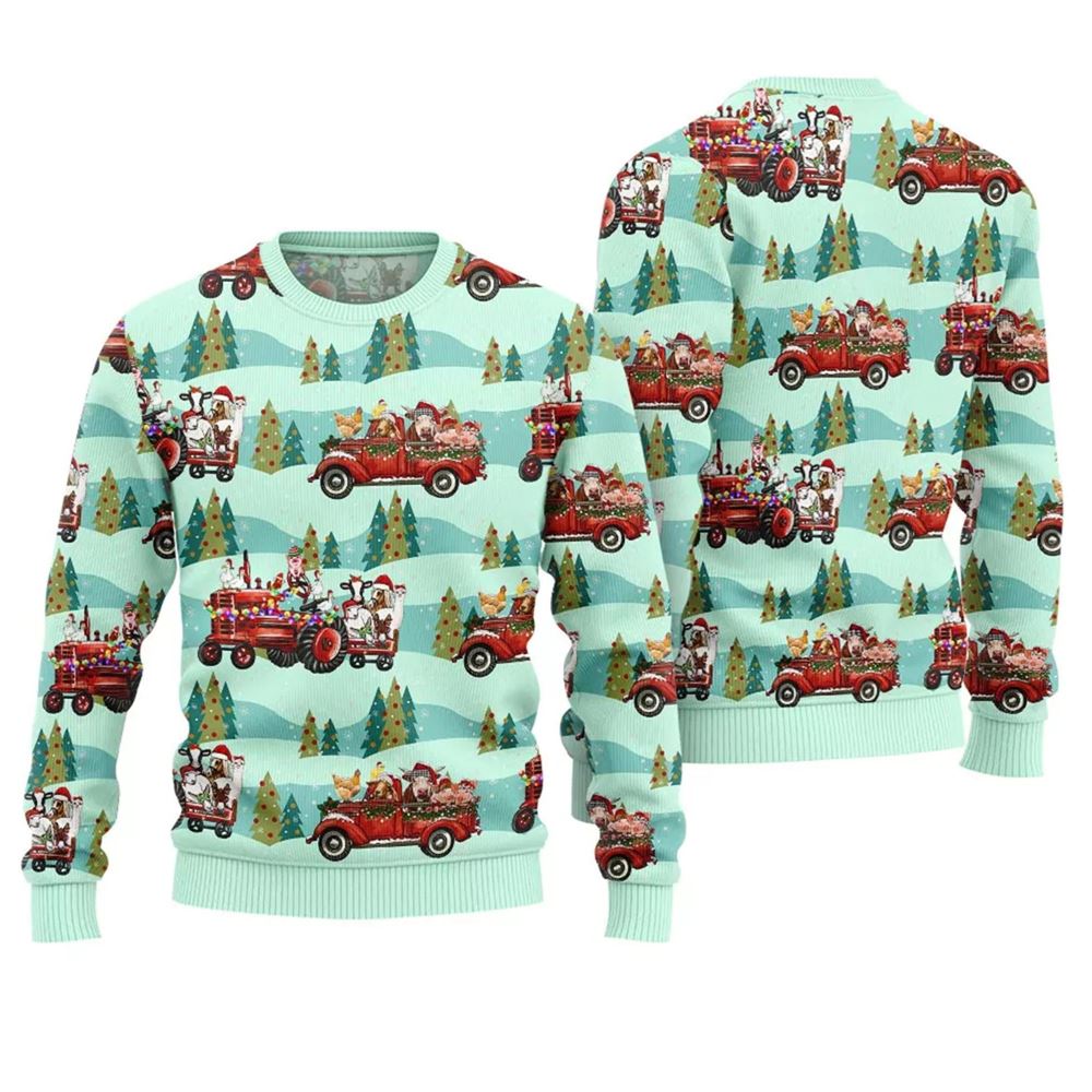 Farm Animals Christmas Truck Ugly Christmas Sweater - Moonbestprint