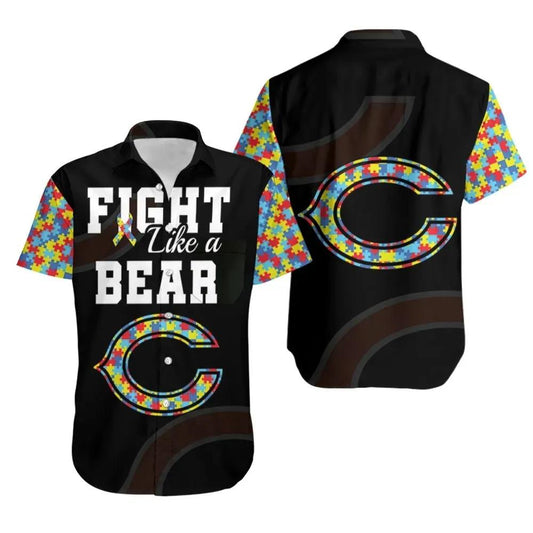 Fight Like A Chicago Bears Autism Support Hawaiian Shirt Print Short Sleeve Hawaiian Aloha Shirt, NFL Hawaiian Shirt Moonbestprint