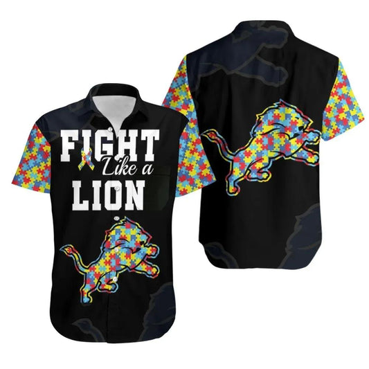 Fight Like A Detroit Lions Autism Support Hawaiian Shirt Print Short Sleeve Hawaiian Casual Shirt Aloha Shirt, NFL Hawaiian Shirt Moonbestprint