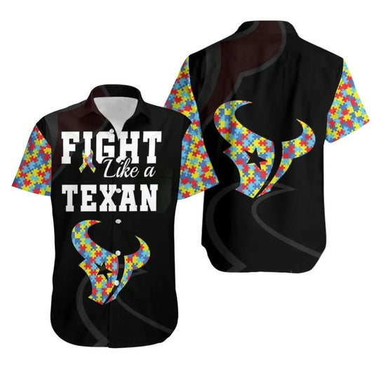 Fight Like A Houston Texans Autism Support Hawaiian Shirt Print Short Sleeve Hawaiian Aloha Shirt, NFL Hawaiian Shirt Moonbestprint