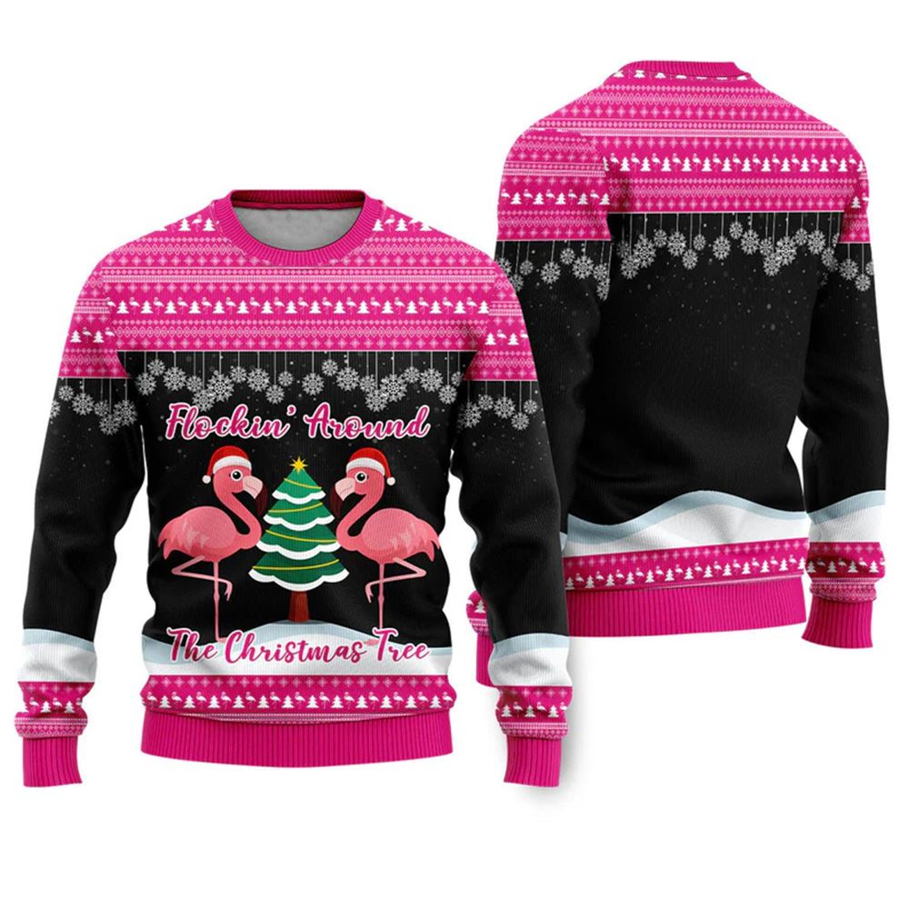 Flamingo Flocking Around The Christmas Tree Ugly Christmas Sweater - Moonbestprint