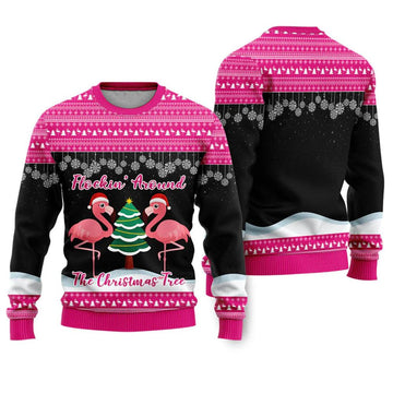Flamingo Flocking Around The Christmas Tree Ugly Christmas Sweater - Moonbestprint