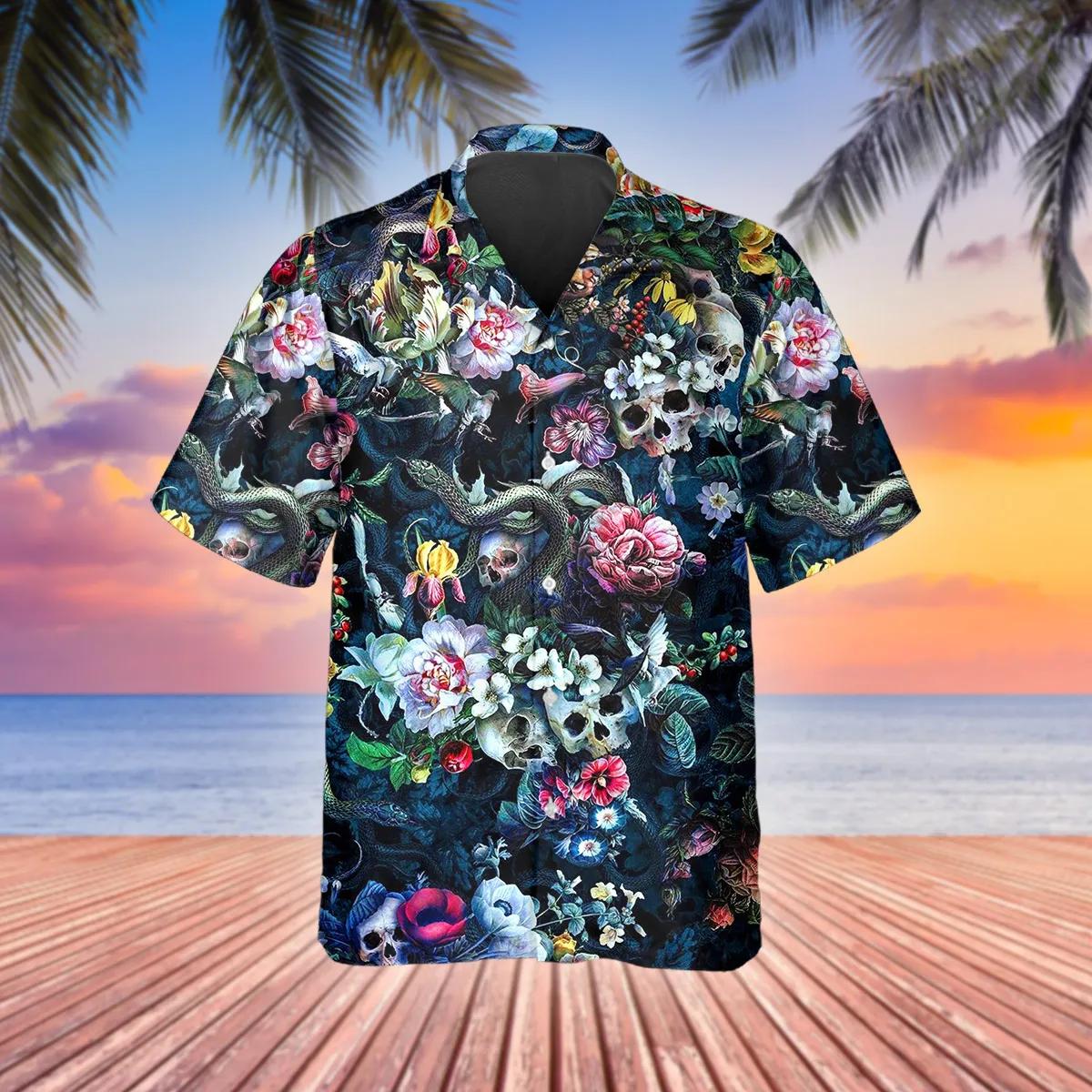 Floral Skull And Snakes Hawaiian Shirt, Hawaiian Button Up Shirt, Aloha Shirts Moonbestprint