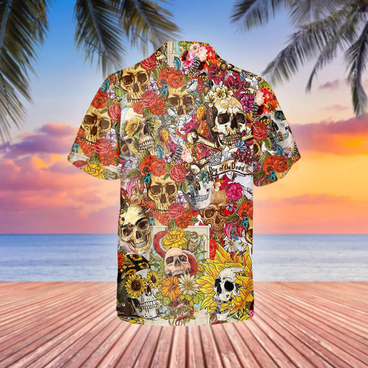 Floral Skull Day of the Dead Hawaiian Shirt, Hawaiian Button Up Shirt, Tropical Shirts For Men Moonbestprint