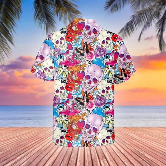 Floral Skull With Butterfly Hawaiian Shirt, Hawaiian Button Up Shirt, Tropical Shirts For Men Moonbestprint