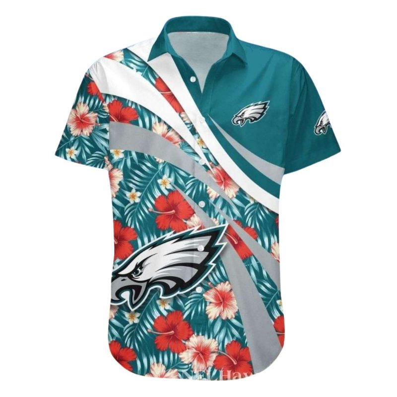 Red Hibiscus Floral Stripe Philadelphia Eagles Hawaiian Shirt - Moonbestprint