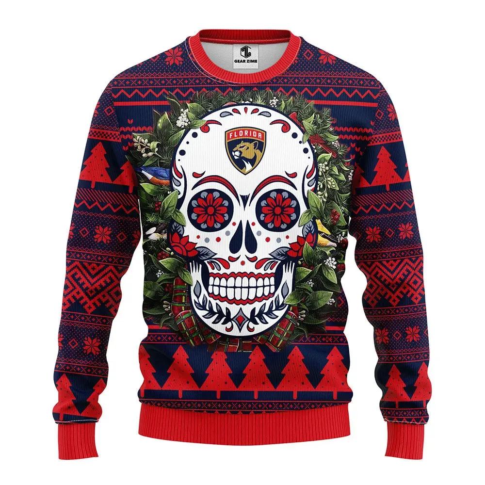 Florida Panthers Skull Flower Ugly Christmas Sweater, NHL Christmas Sweater Moonbestprint