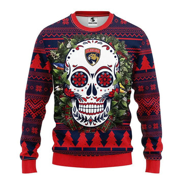 Florida Panthers Skull Flower Ugly Christmas Sweater, NHL Christmas Sweater Moonbestprint