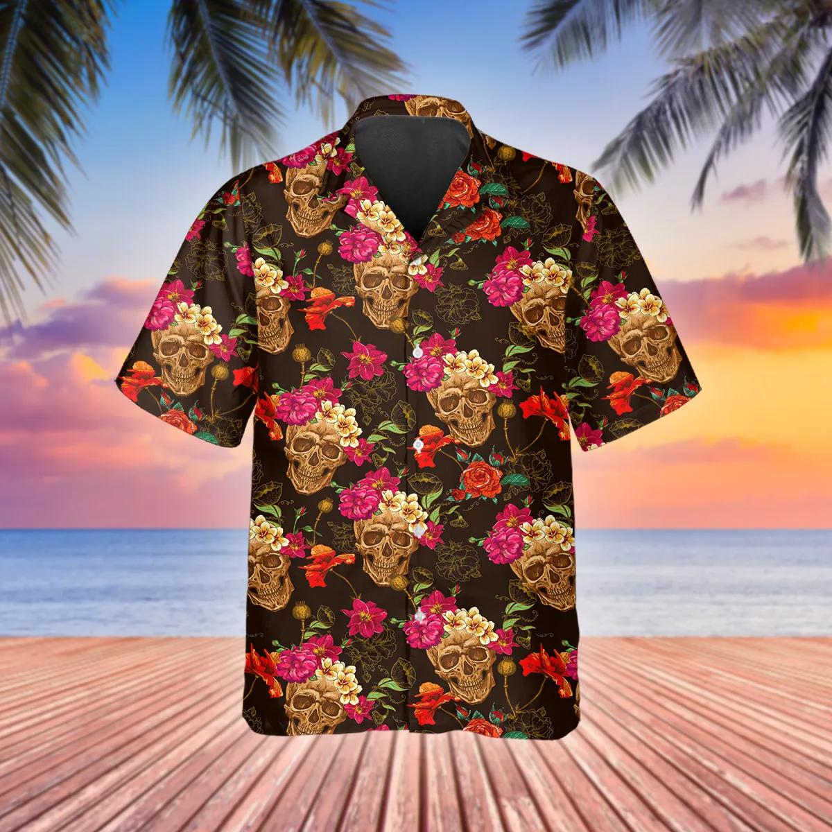 Flower Garden Floral Skull Hawaiian Shirt, Hawaiian Button Up Shirt, Tropical Shirts For Men Moonbestprint