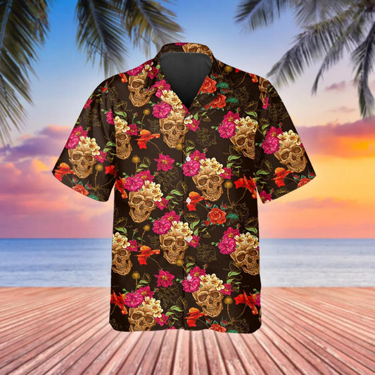 Flower Garden Floral Skull Hawaiian Shirt, Hawaiian Button Up Shirt, Tropical Shirts For Men Moonbestprint