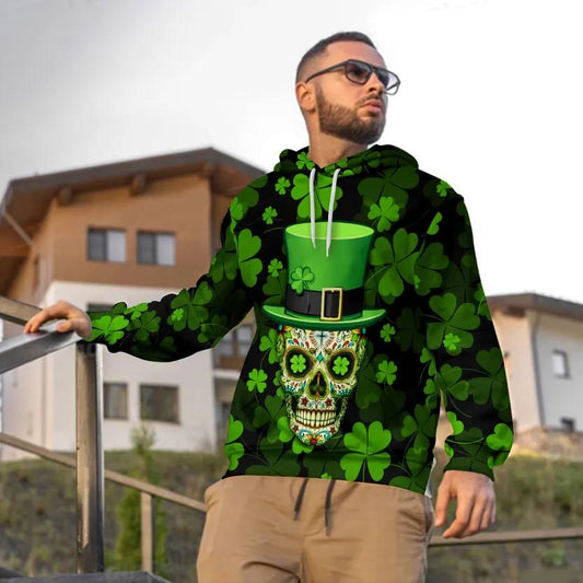 Funny 4-Leaf Clover Patrick's Day Sugar Skull 3D Hoodie Moonbestprint