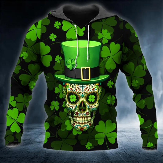 Funny 4-Leaf Clover Patrick's Day Sugar Skull 3D Hoodie Moonbestprint