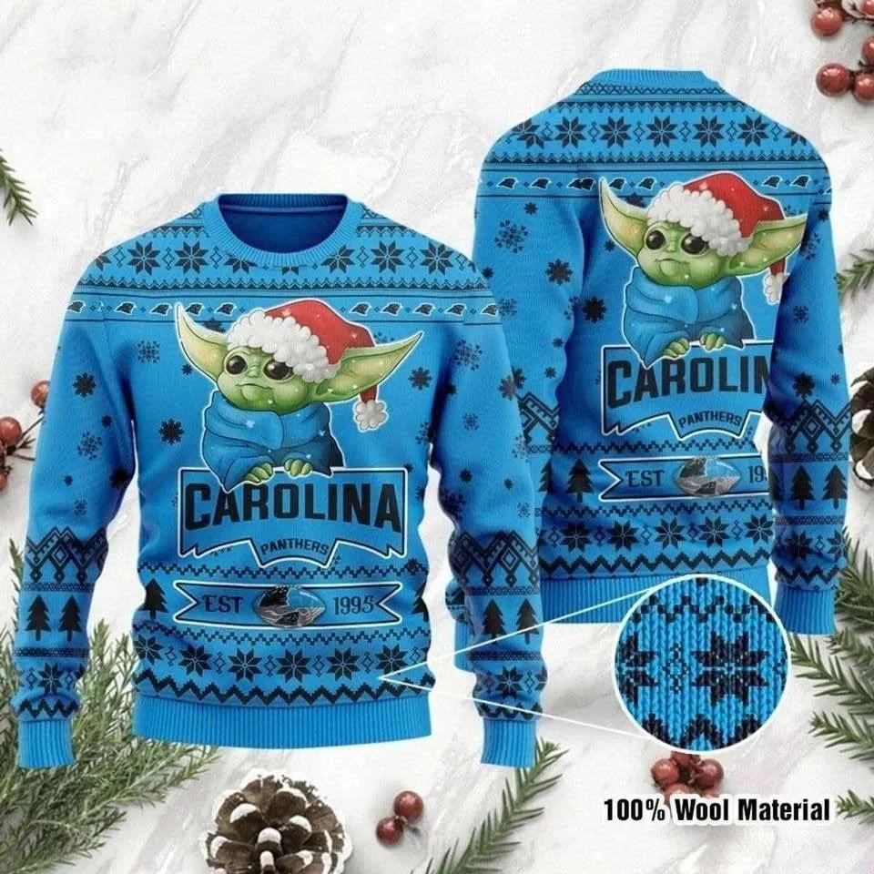 Funny Baby Yoda Carolina Panthers Ugly Christmas Sweater, NFL Christmas Sweater Moonbestprint
