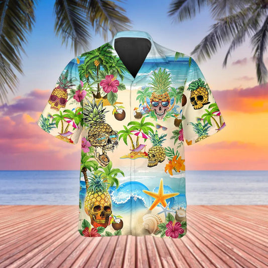 Funny Beach With Pineapple Skull Hawaiian Shirt, Hawaiian Button Up Shirt, Tropical Shirts For Men Moonbestprint