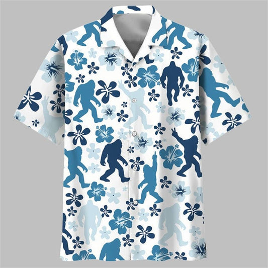 Funny Bigfoot Hibiscus Blue Hawaiian Shirt - Moonbestprint