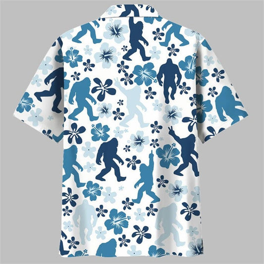 Funny Bigfoot Hibiscus Blue Hawaiian Shirt - Moonbestprint