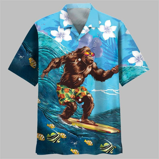 Funny Bigfoot Surfing Hibiscus Hawaiian Shirt - Moonbestprint