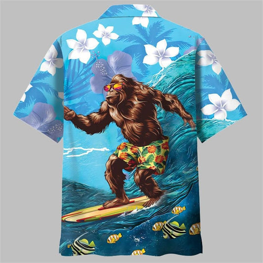 Funny Bigfoot Surfing Hibiscus Hawaiian Shirt - Moonbestprint