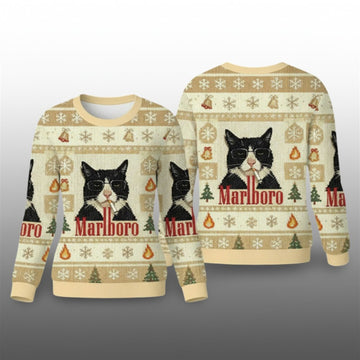 Funny Cat Smoking Cigarette Meme Ugly Christmas Sweater - Moonbestprint
