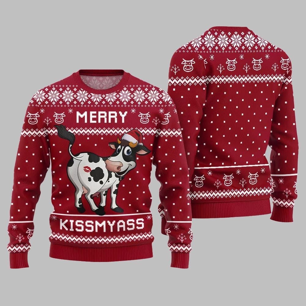 Funny Cow Merry Kissmyass Ugly Sweater Christmas - Moonbestprint