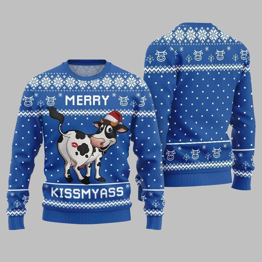 Funny Cow Merry Kissmyass Ugly Sweater Christmas - Moonbestprint
