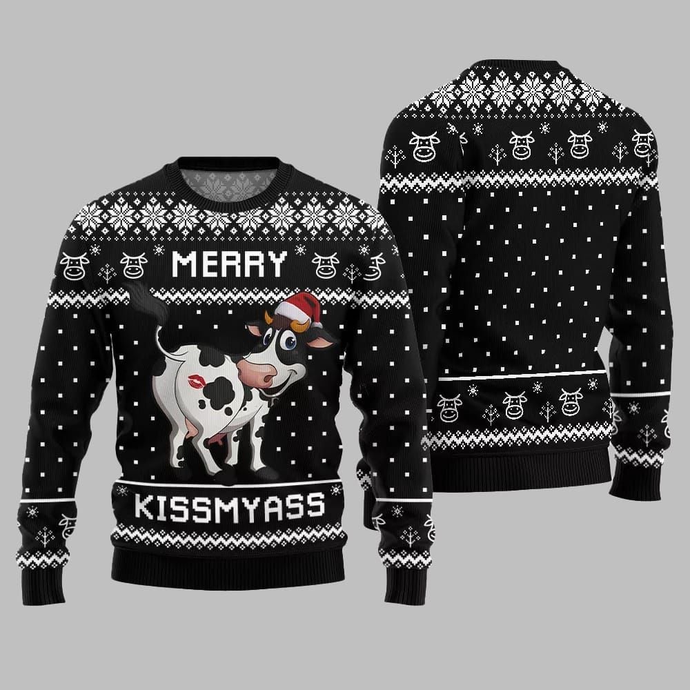 Funny Cow Merry Kissmyass Ugly Sweater Christmas - Moonbestprint