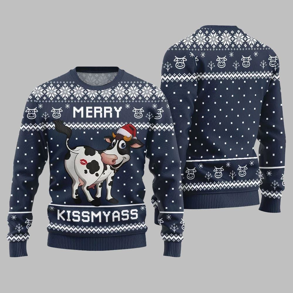 Funny Cow Merry Kissmyass Ugly Sweater Christmas - Moonbestprint