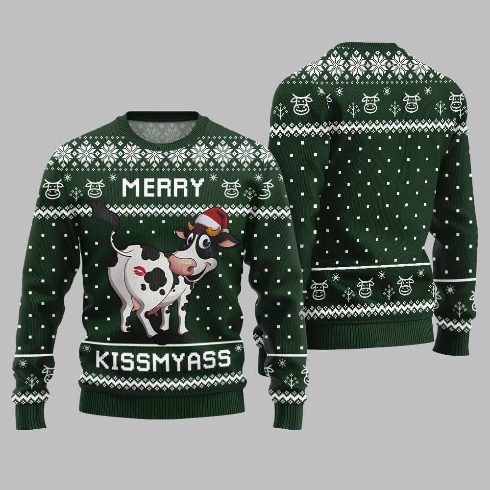 Funny Cow Merry Kissmyass Ugly Sweater Christmas - Moonbestprint